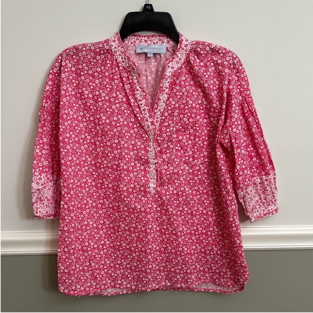 Women’s Tuckernuck Pink White Floral V-Neck 3/4 Sleeve Top Size Extra Small